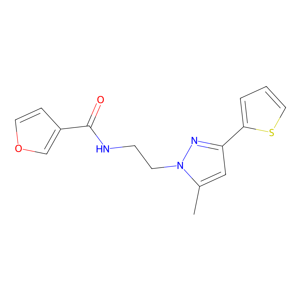 N-(2-(5-methyl-3-(thiophen-2-yl)-1H-pyrazol-1-yl)ethyl)furan-3-carboxamide molecular structure, CAS 2034476-93-0
