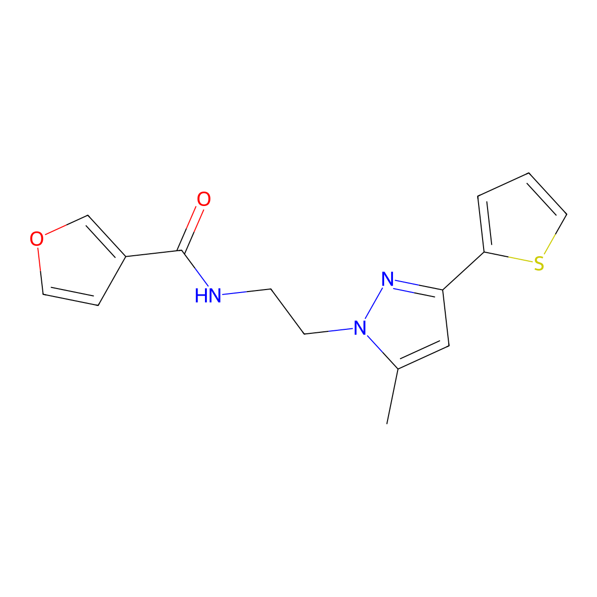 N-(2-(5-methyl-3-(thiophen-2-yl)-1H-pyrazol-1-yl)ethyl)furan-3-carboxamide molecular structure, CAS 2034476-93-0