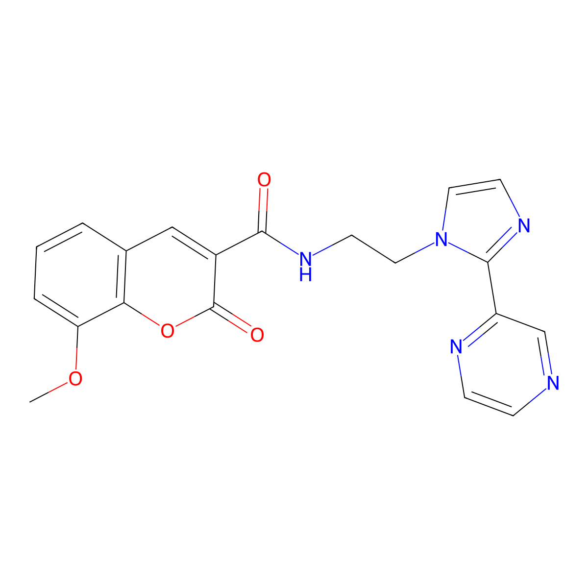 8-methoxy-2-oxo-N-{2-[2-(pyrazin-2-yl)-1H-imidazol-1-yl]ethyl}-2H-chromene-3-carboxamide molecular structure, CAS 2034476-96-3