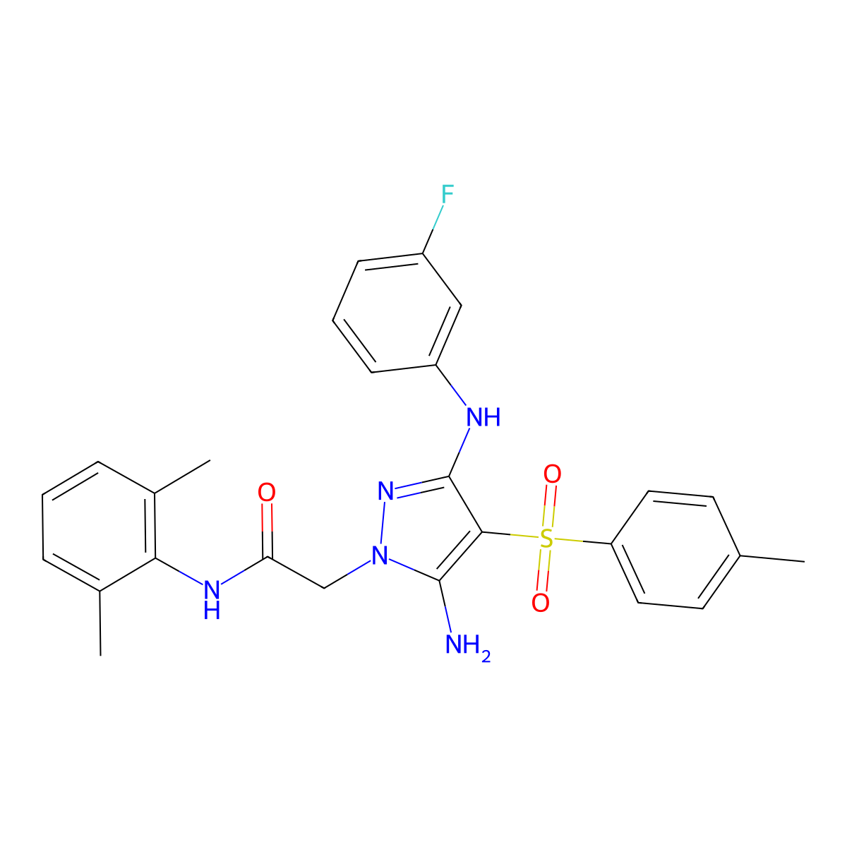 2-(5-amino-3-((3-fluorophenyl)amino)-4-tosyl-1H-pyrazol-1-yl)-N-(2,6-dimethylphenyl)acetamide molecular structure, CAS 2034476-97-4