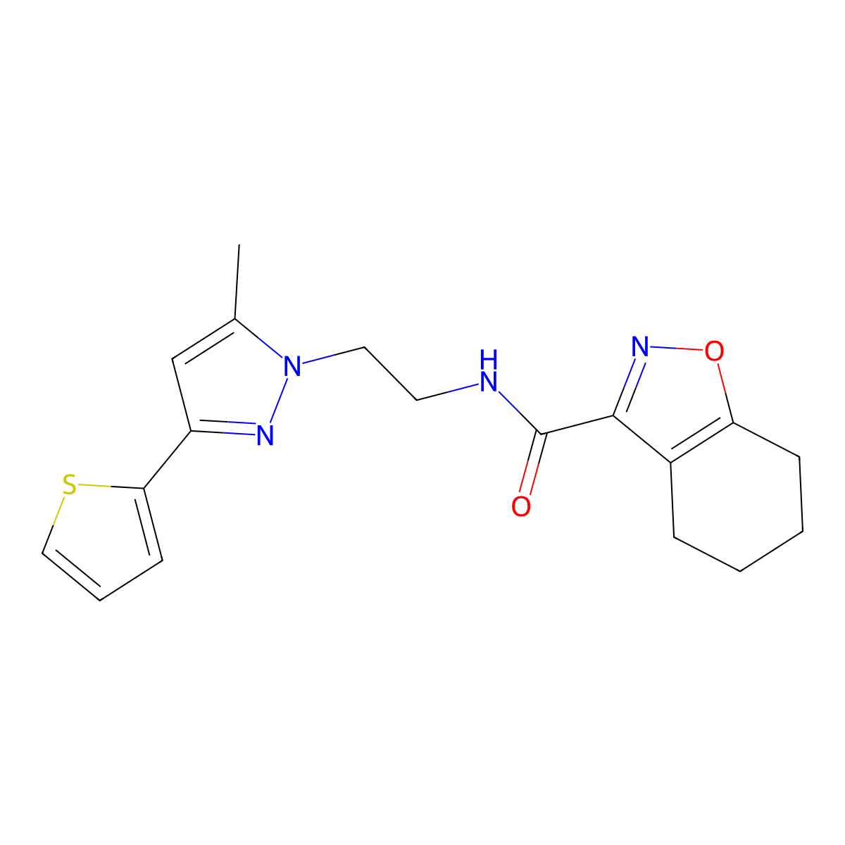 N-(2-(5-methyl-3-(thiophen-2-yl)-1H-pyrazol-1-yl)ethyl)-4,5,6,7-tetrahydrobenzo[d]isoxazole-3-carboxamide molecular structure, CAS 2034476-99-6