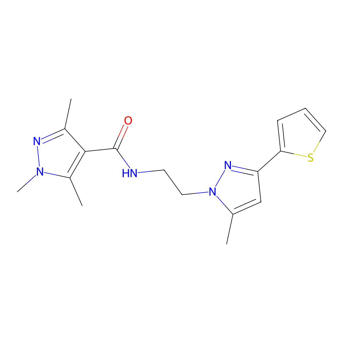1,3,5-trimethyl-N-{2-[5-methyl-3-(thiophen-2-yl)-1H-pyrazol-1-yl]ethyl}-1H-pyrazole-4-carboxamide molecular structure, CAS 2034477-06-8