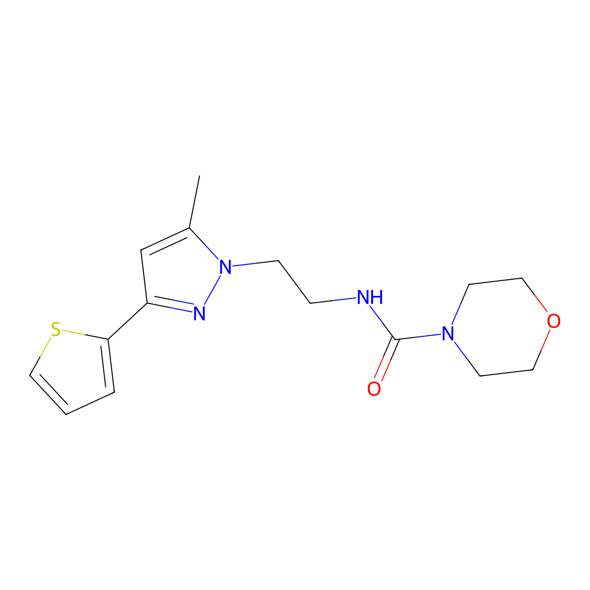 N-(2-(5-methyl-3-(thiophen-2-yl)-1H-pyrazol-1-yl)ethyl)morpholine-4-carboxamide molecular structure, CAS 2034477-11-5