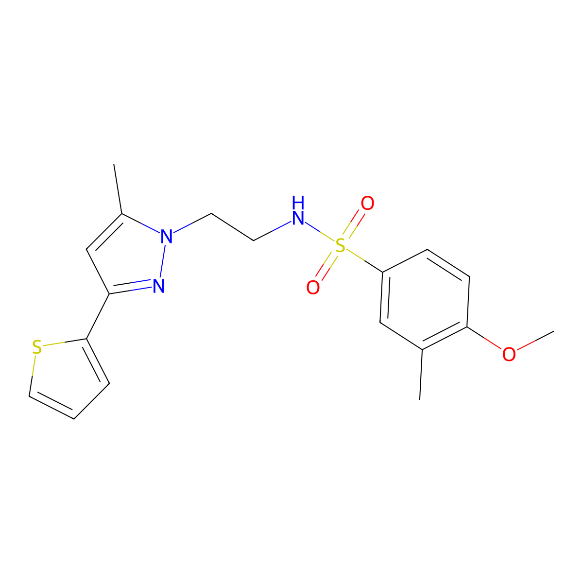 4-methoxy-3-methyl-N-(2-(5-methyl-3-(thiophen-2-yl)-1H-pyrazol-1-yl)ethyl)benzenesulfonamide molecular structure, CAS 2034477-13-7