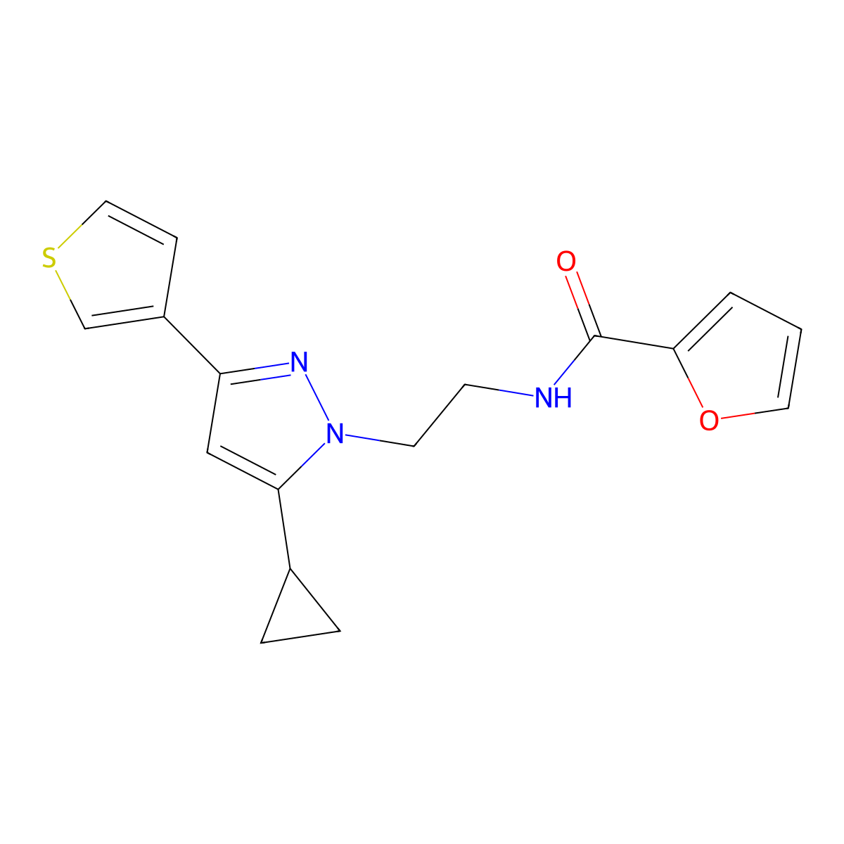 N-{2-[5-cyclopropyl-3-(thiophen-3-yl)-1H-pyrazol-1-yl]ethyl}furan-2-carboxamide molecular structure, CAS 2034477-18-2
