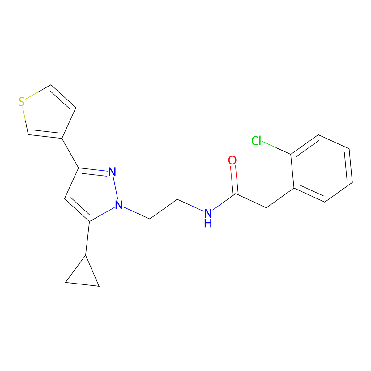 2-(2-chlorophenyl)-N-(2-(5-cyclopropyl-3-(thiophen-3-yl)-1H-pyrazol-1-yl)ethyl)acetamide molecular structure, CAS 2034477-23-9