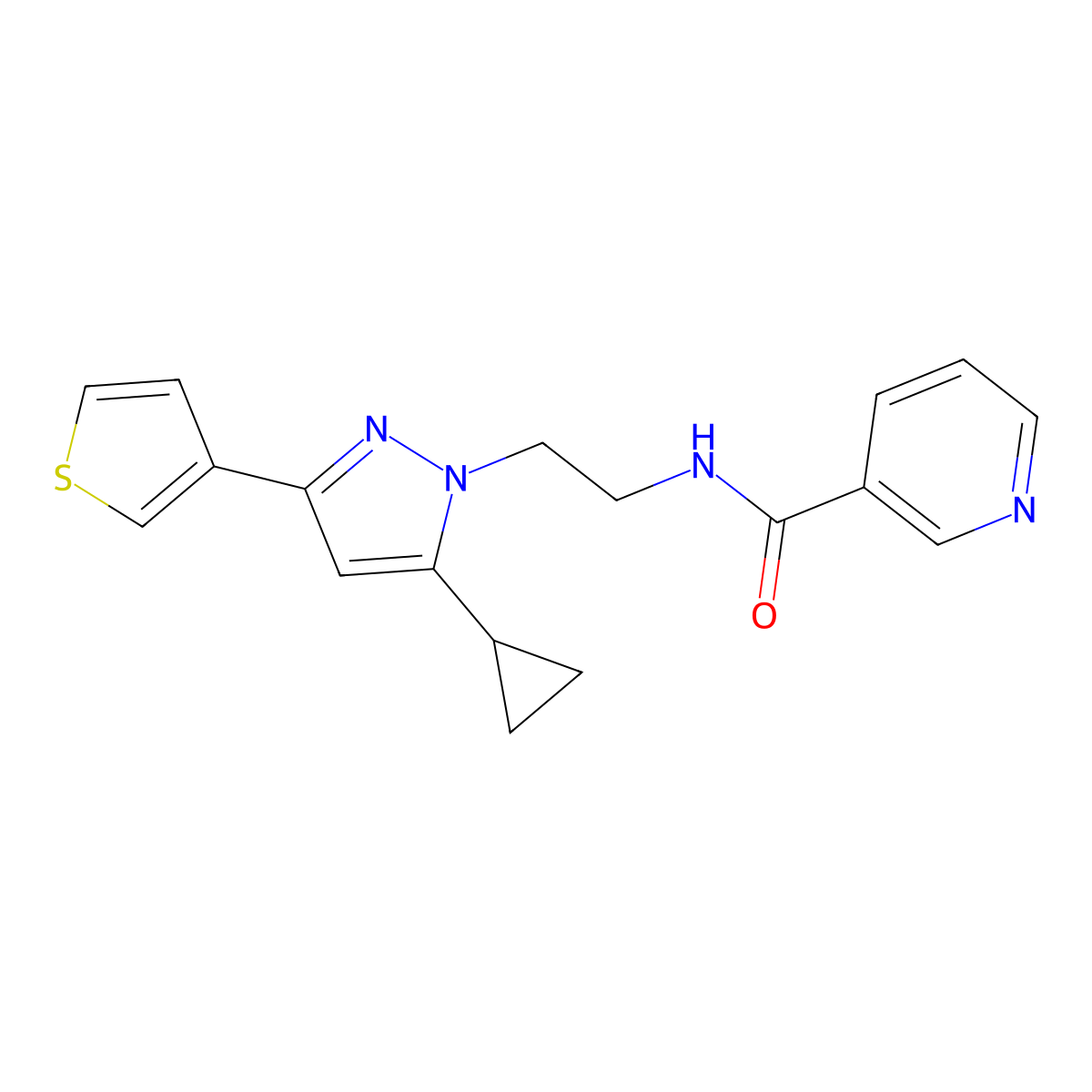N-(2-(5-cyclopropyl-3-(thiophen-3-yl)-1H-pyrazol-1-yl)ethyl)nicotinamide molecular structure, CAS 2034477-33-1