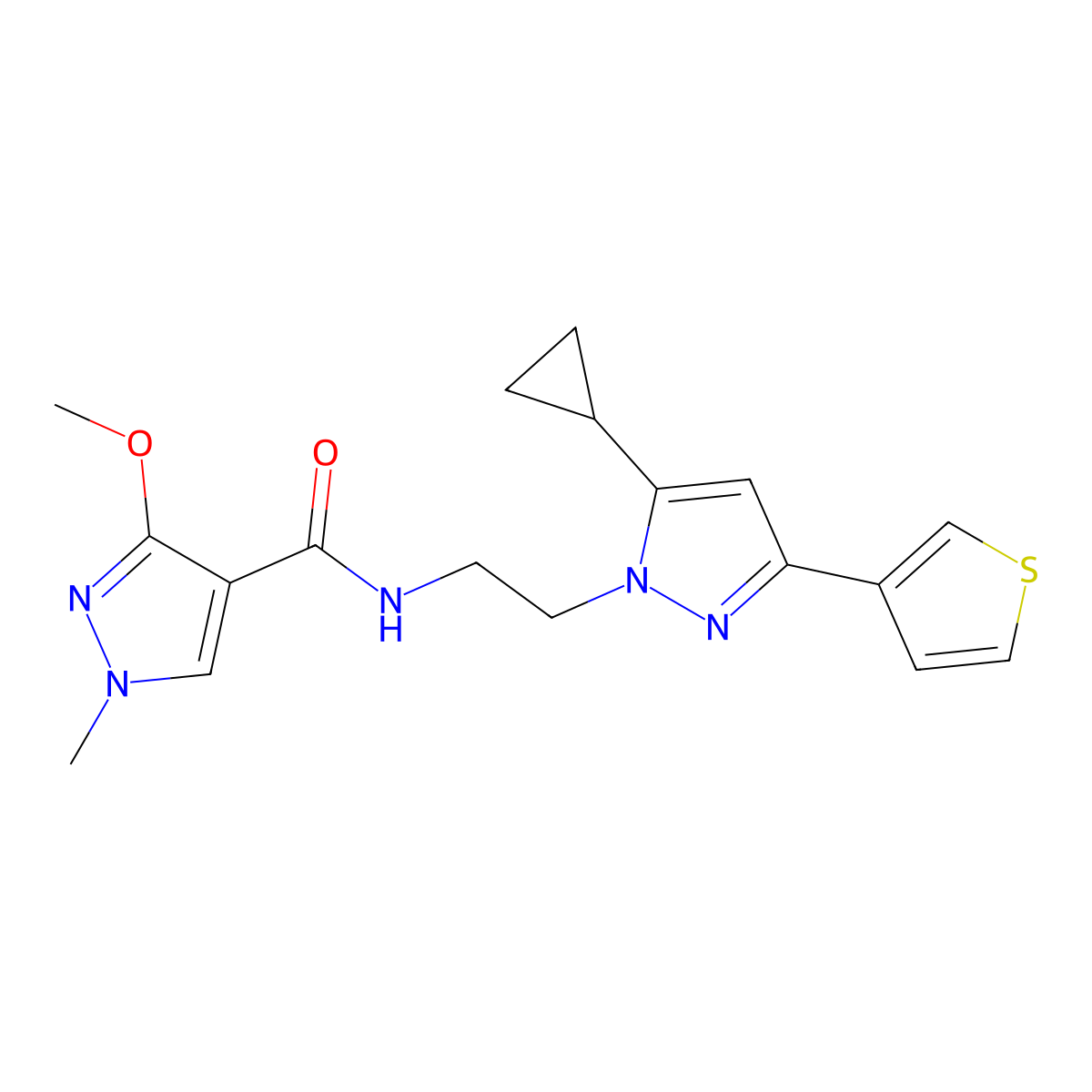 N-{2-[5-cyclopropyl-3-(thiophen-3-yl)-1H-pyrazol-1-yl]ethyl}-3-methoxy-1-methyl-1H-pyrazole-4-carboxamide molecular structure, CAS 2034477-39-7