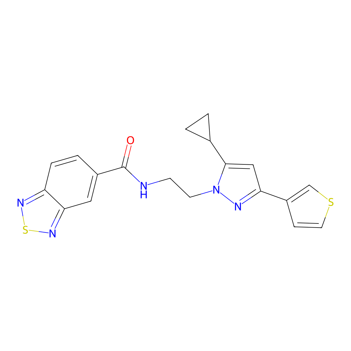 N-(2-(5-cyclopropyl-3-(thiophen-3-yl)-1H-pyrazol-1-yl)ethyl)benzo[c][1,2,5]thiadiazole-5-carboxamide molecular structure, CAS 2034477-43-3