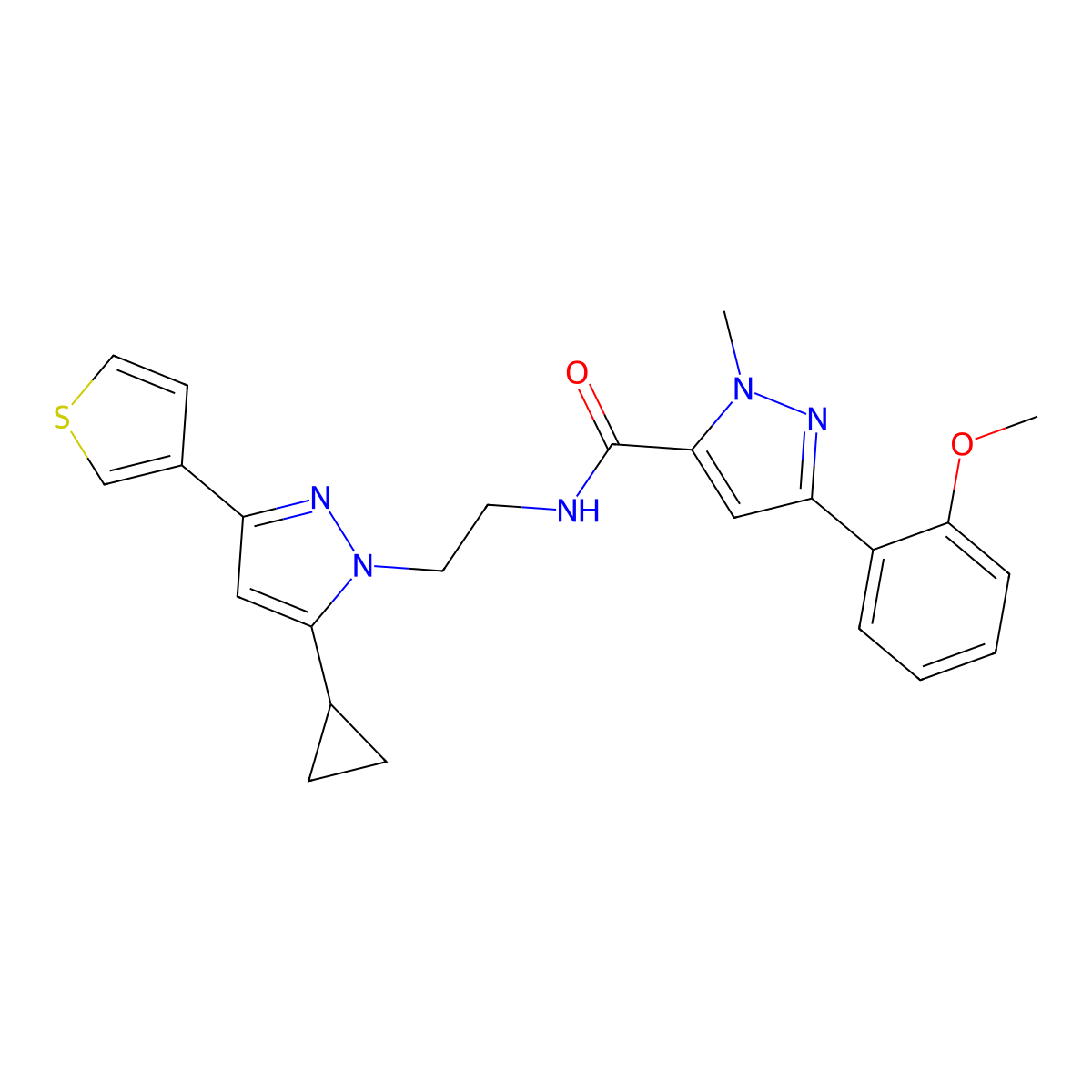 N-(2-(5-cyclopropyl-3-(thiophen-3-yl)-1H-pyrazol-1-yl)ethyl)-3-(2-methoxyphenyl)-1-methyl-1H-pyrazole-5-carboxamide molecular structure, CAS 2034477-47-7