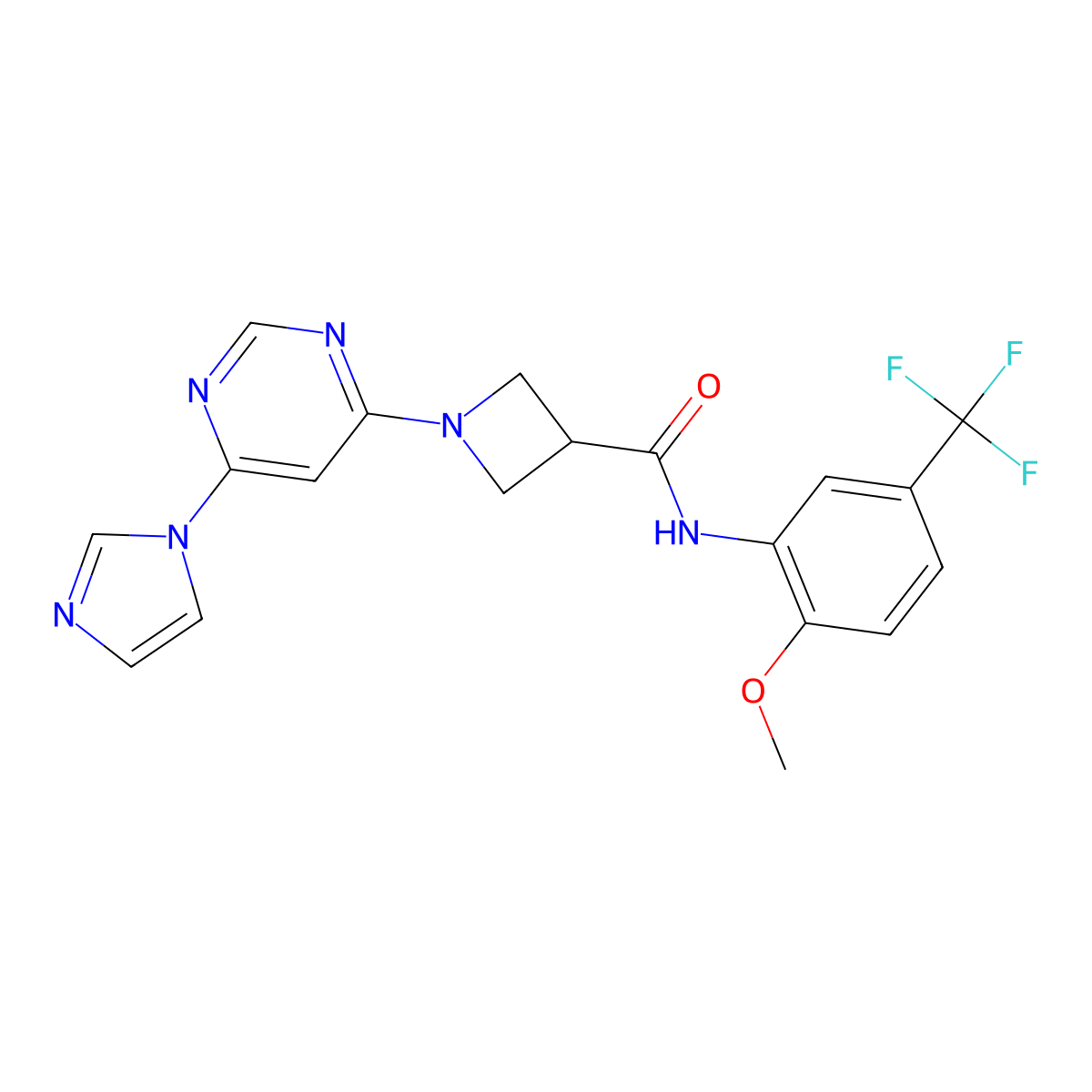 1-[6-(1H-imidazol-1-yl)pyrimidin-4-yl]-N-[2-methoxy-5-(trifluoromethyl)phenyl]azetidine-3-carboxamide molecular structure, CAS 2034477-50-2