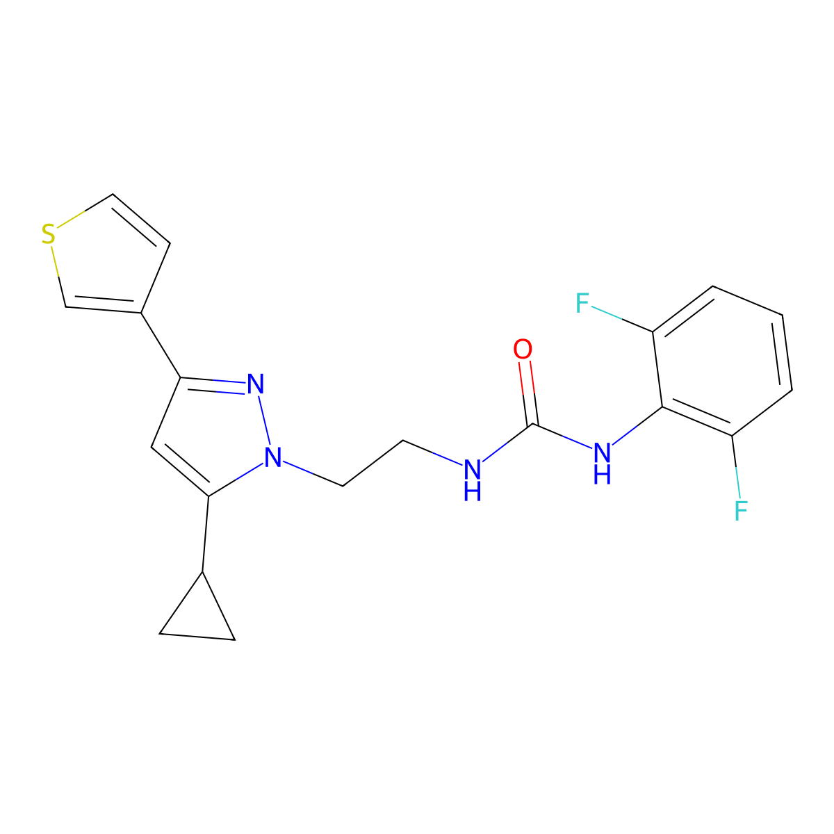 1-(2-(5-cyclopropyl-3-(thiophen-3-yl)-1H-pyrazol-1-yl)ethyl)-3-(2,6-difluorophenyl)urea molecular structure, CAS 2034477-53-5