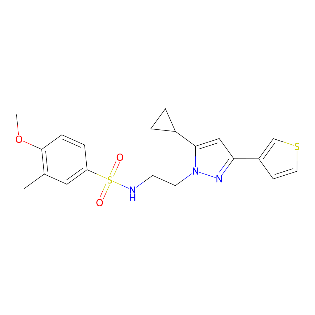 N-(2-(5-cyclopropyl-3-(thiophen-3-yl)-1H-pyrazol-1-yl)ethyl)-4-methoxy-3-methylbenzenesulfonamide molecular structure, CAS 2034477-59-1