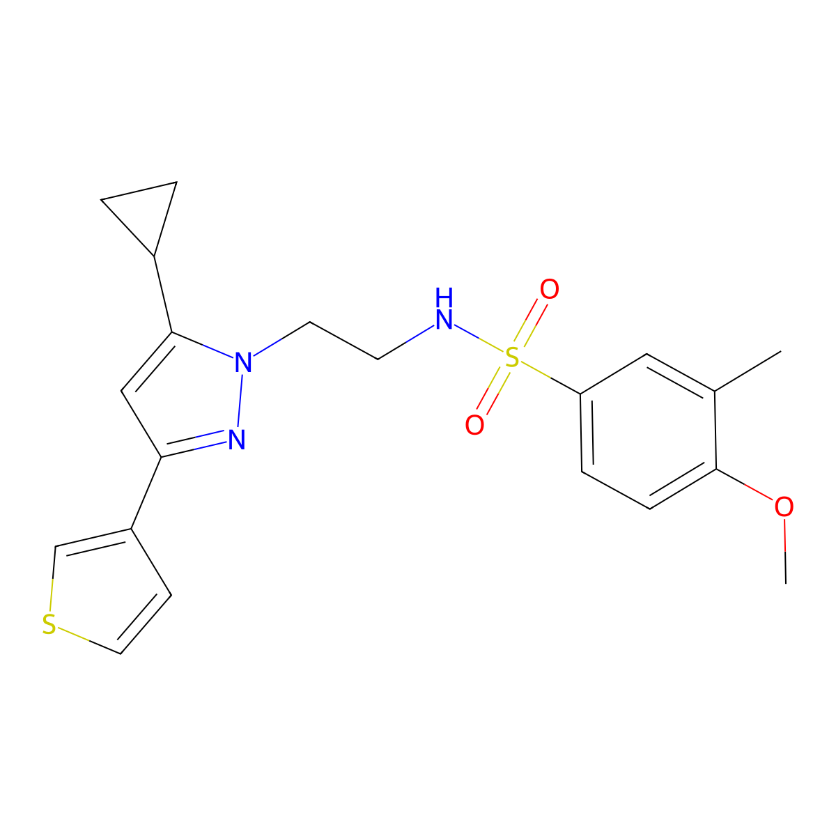 N-(2-(5-cyclopropyl-3-(thiophen-3-yl)-1H-pyrazol-1-yl)ethyl)-4-methoxy-3-methylbenzenesulfonamide molecular structure, CAS 2034477-59-1