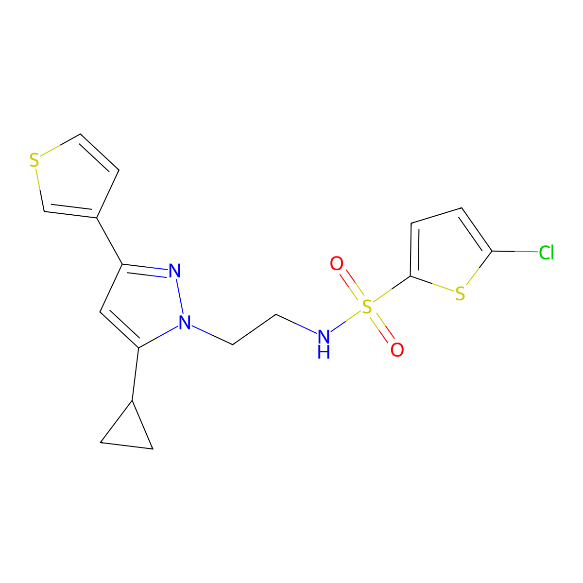 5-chloro-N-{2-[5-cyclopropyl-3-(thiophen-3-yl)-1H-pyrazol-1-yl]ethyl}thiophene-2-sulfonamide molecular structure, CAS 2034477-65-9
