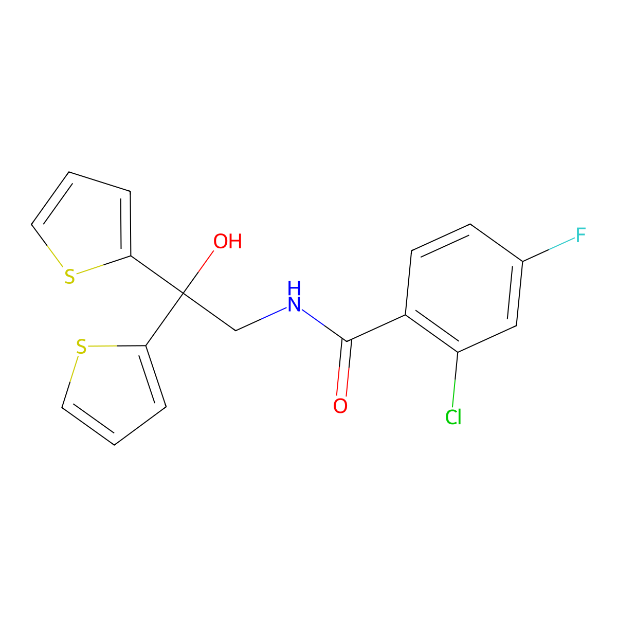 2-chloro-4-fluoro-N-(2-hydroxy-2,2-di(thiophen-2-yl)ethyl)benzamide molecular structure, CAS 2034477-85-3