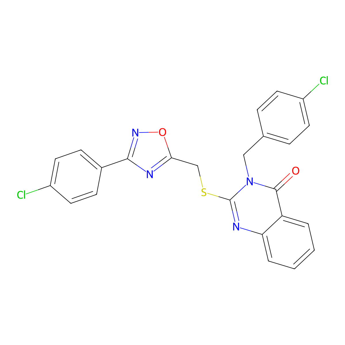 3-(4-chlorobenzyl)-2-(((3-(4-chlorophenyl)-1,2,4-oxadiazol-5-yl)methyl)thio)quinazolin-4(3H)-one molecular structure, CAS 2034477-90-0