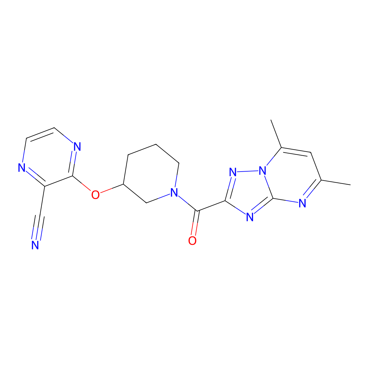 3-((1-(5,7-Dimethyl-[1,2,4]triazolo[1,5-a]pyrimidine-2-carbonyl)piperidin-3-yl)oxy)pyrazine-2-carbonitrile molecular structure, CAS 2034478-10-7