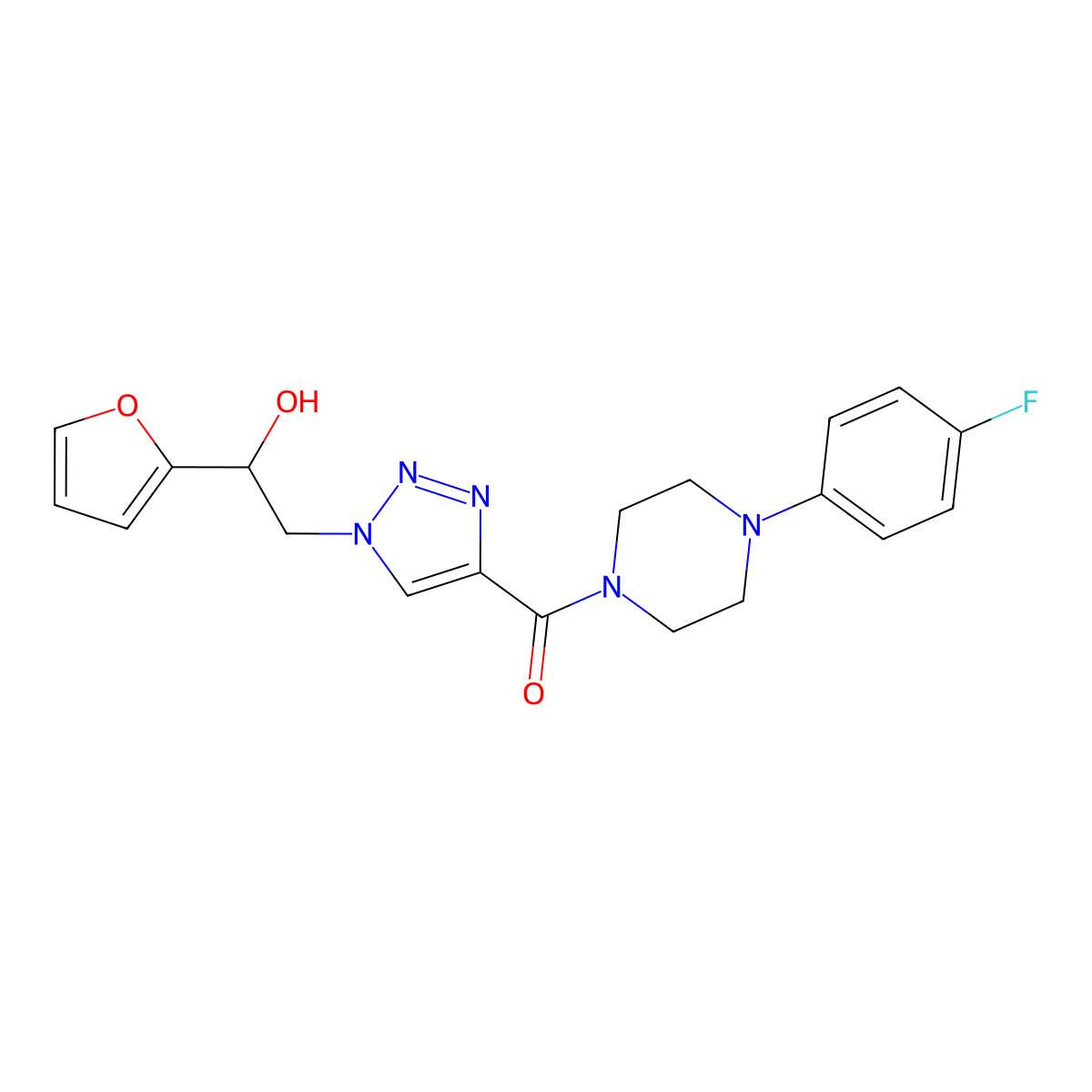 (4-(4-fluorophenyl)piperazin-1-yl)(1-(2-(furan-2-yl)-2-hydroxyethyl)-1H-1,2,3-triazol-4-yl)methanone molecular structure, CAS 2034478-17-4