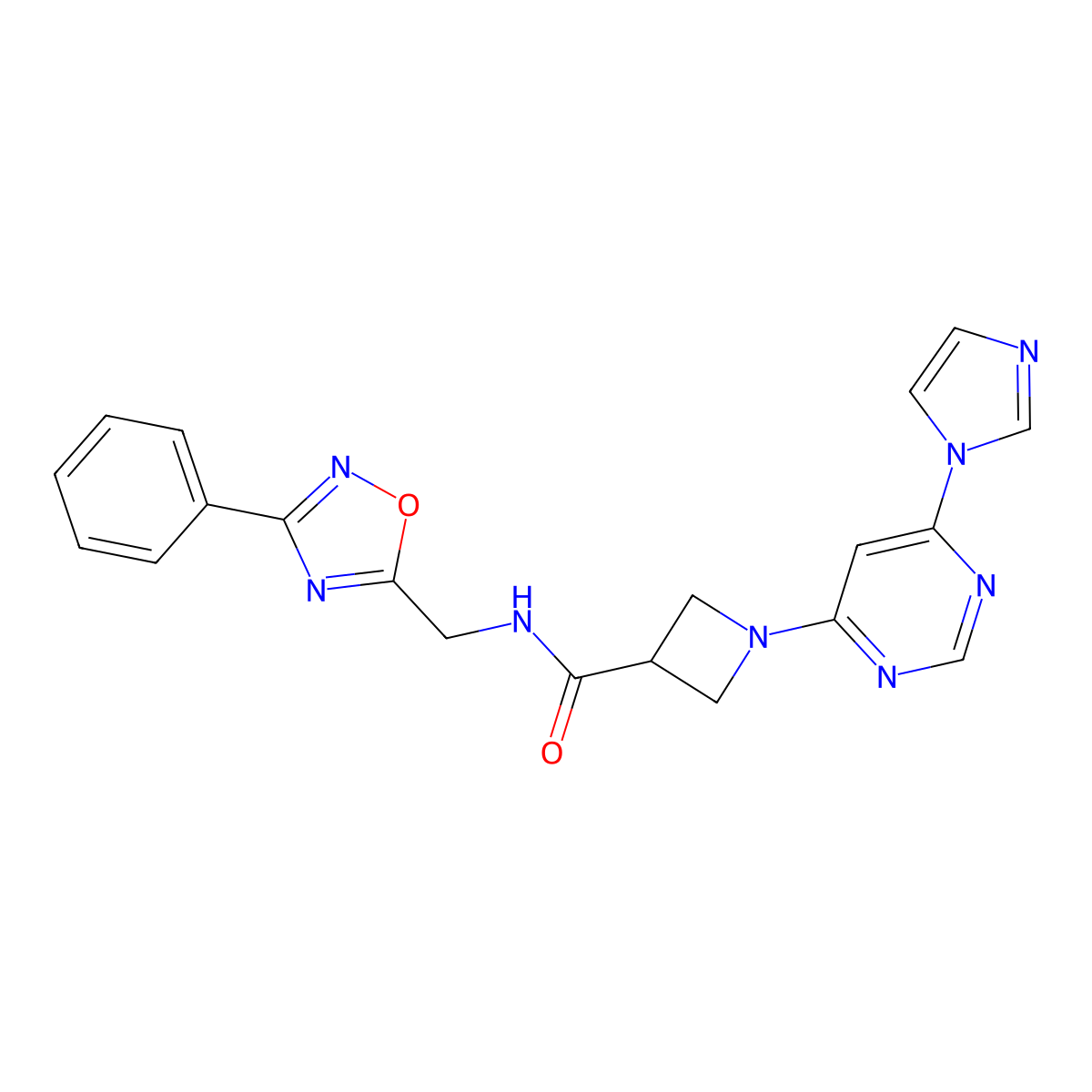 1-[6-(1H-imidazol-1-yl)pyrimidin-4-yl]-N-[(3-phenyl-1,2,4-oxadiazol-5-yl)methyl]azetidine-3-carboxamide molecular structure, CAS 2034478-19-6