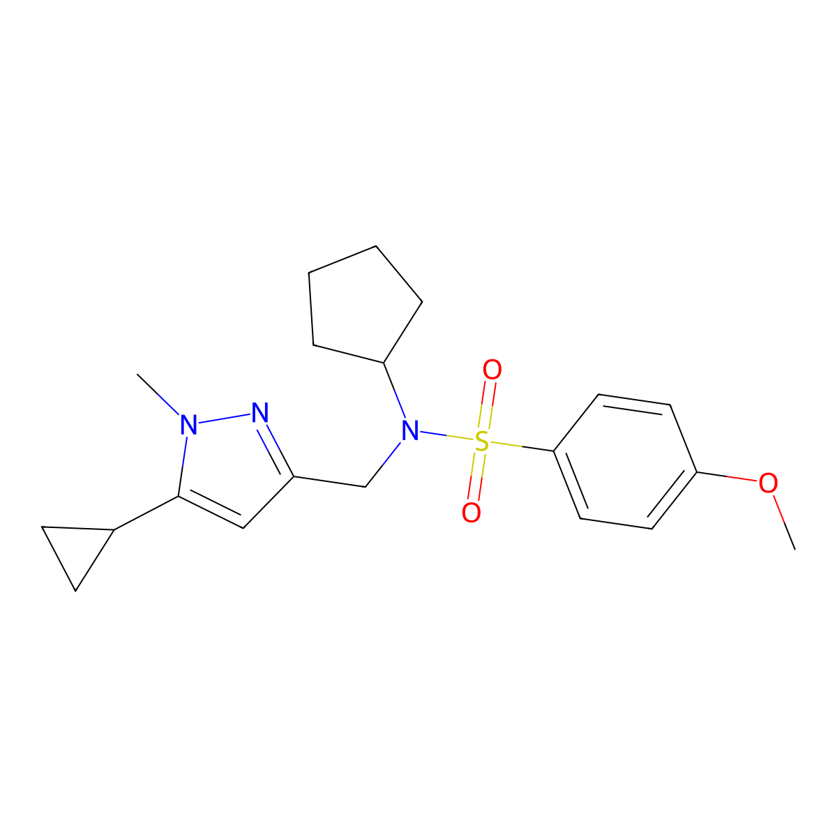 N-cyclopentyl-N-((5-cyclopropyl-1-methyl-1H-pyrazol-3-yl)methyl)-4-methoxybenzenesulfonamide molecular structure, CAS 2034478-30-1