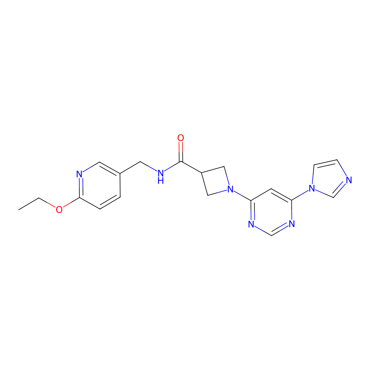 1-(6-(1H-imidazol-1-yl)pyrimidin-4-yl)-N-((6-ethoxypyridin-3-yl)methyl)azetidine-3-carboxamide molecular structure, CAS 2034478-31-2