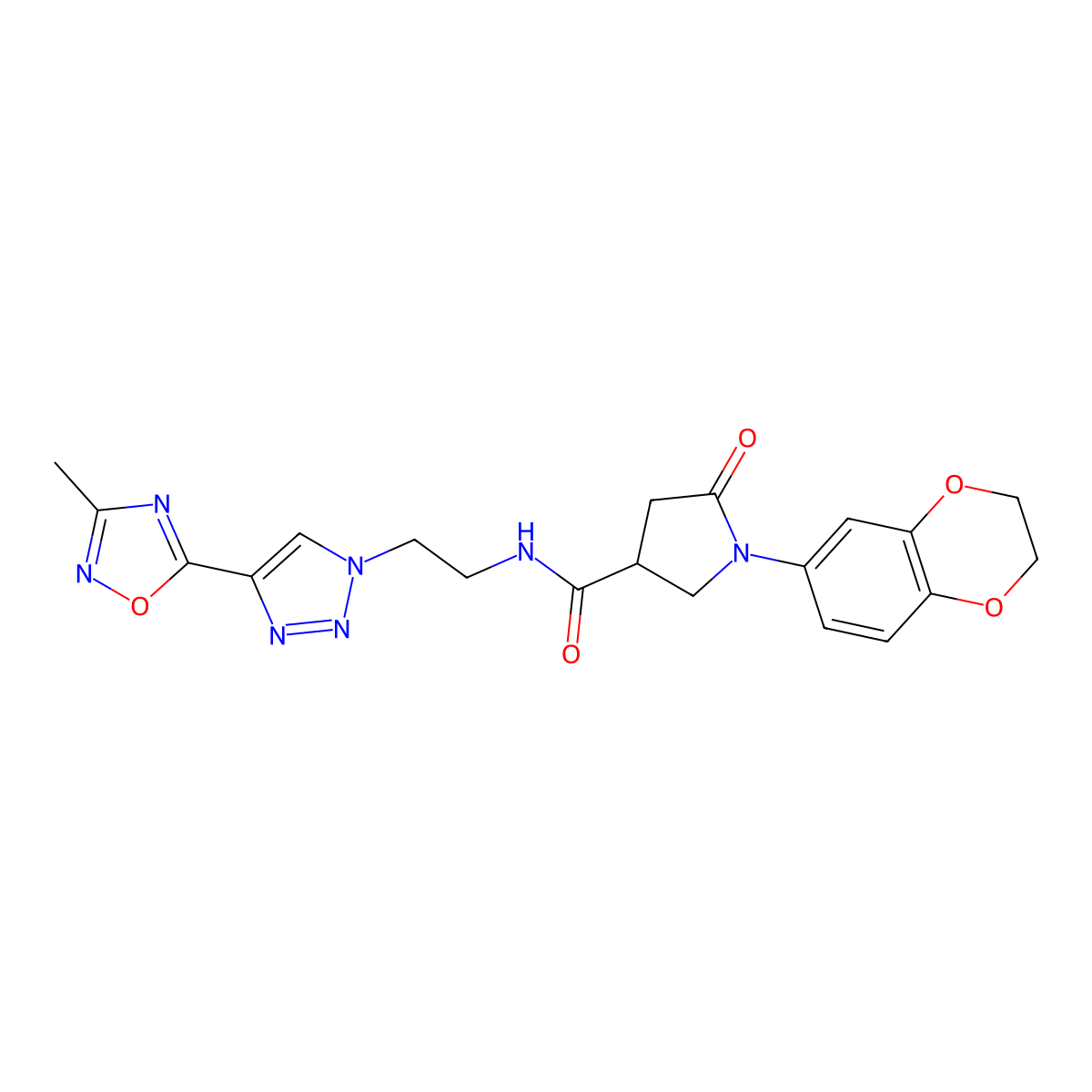 1-(2,3-dihydrobenzo[b][1,4]dioxin-6-yl)-N-(2-(4-(3-methyl-1,2,4-oxadiazol-5-yl)-1H-1,2,3-triazol-1-yl)ethyl)-5-oxopyrrolidine-3-carboxamide molecular structure, CAS 2034478-39-0