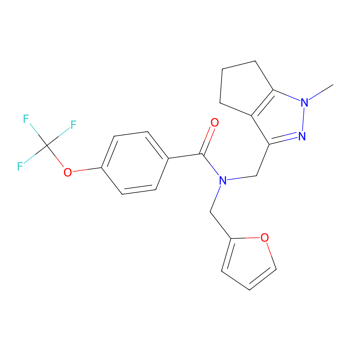 N-(furan-2-ylmethyl)-N-((1-methyl-1,4,5,6-tetrahydrocyclopenta[c]pyrazol-3-yl)methyl)-4-(trifluoromethoxy)benzamide molecular structure, CAS 2034478-46-9