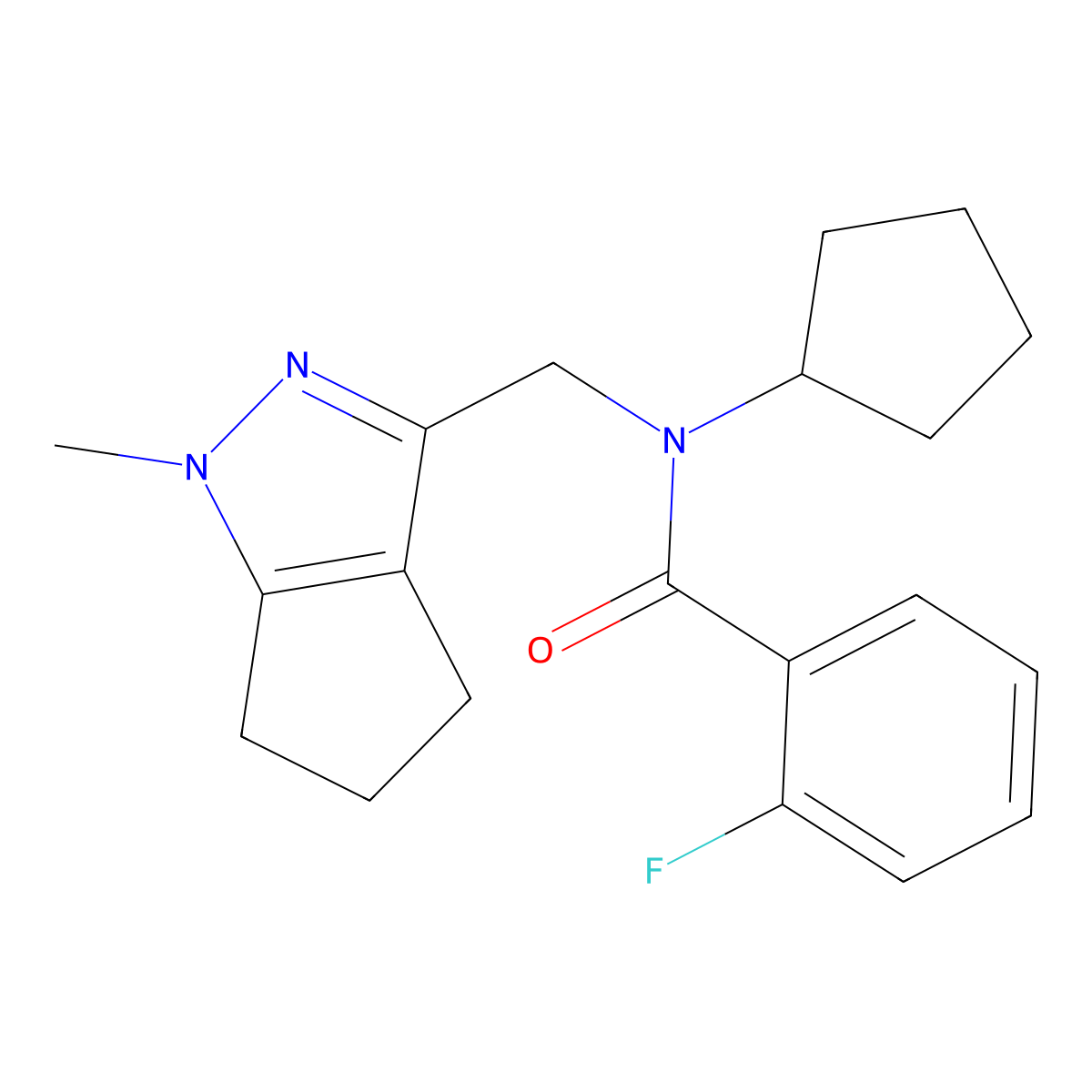 N-cyclopentyl-2-fluoro-N-((1-methyl-1,4,5,6-tetrahydrocyclopenta[c]pyrazol-3-yl)methyl)benzamide molecular structure, CAS 2034478-51-6