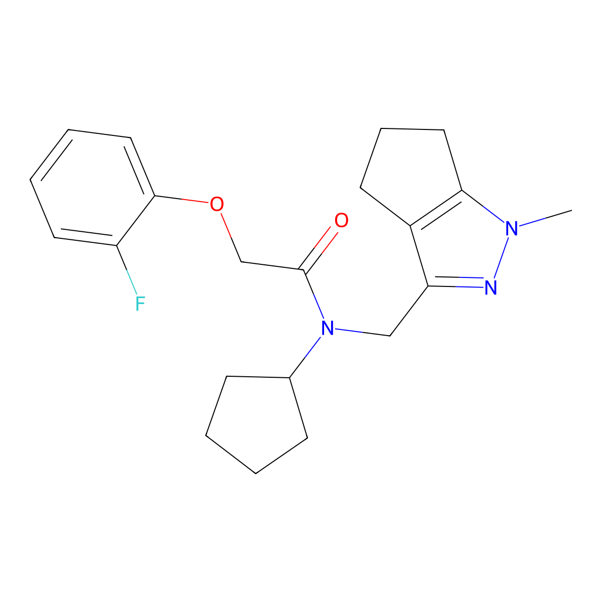 N-cyclopentyl-2-(2-fluorophenoxy)-N-((1-methyl-1,4,5,6-tetrahydrocyclopenta[c]pyrazol-3-yl)methyl)acetamide molecular structure, CAS 2034478-56-1
