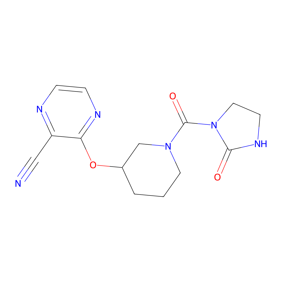 3-((1-(2-Oxoimidazolidine-1-carbonyl)piperidin-3-yl)oxy)pyrazine-2-carbonitrile molecular structure, CAS 2034478-58-3