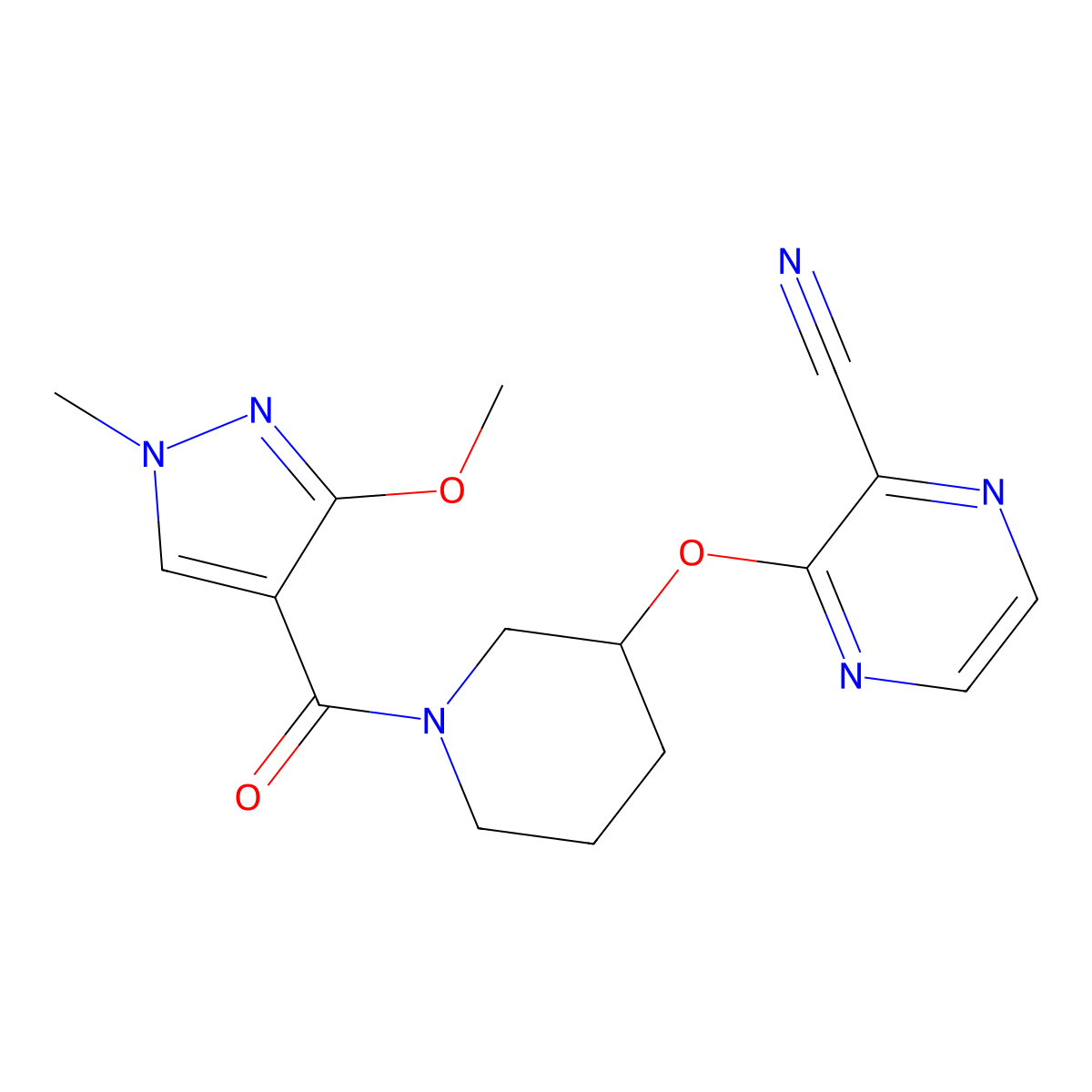 3-((1-(3-methoxy-1-methyl-1H-pyrazole-4-carbonyl)piperidin-3-yl)oxy)pyrazine-2-carbonitrile molecular structure, CAS 2034478-66-3