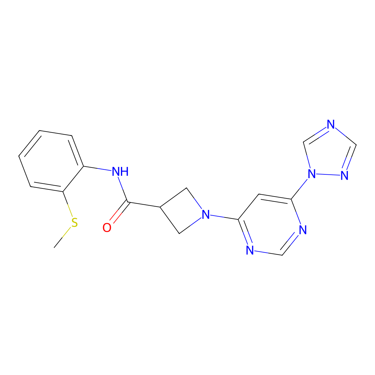 1-(6-(1H-1,2,4-triazol-1-yl)pyrimidin-4-yl)-N-(2-(methylthio)phenyl)azetidine-3-carboxamide molecular structure, CAS 2034478-72-1