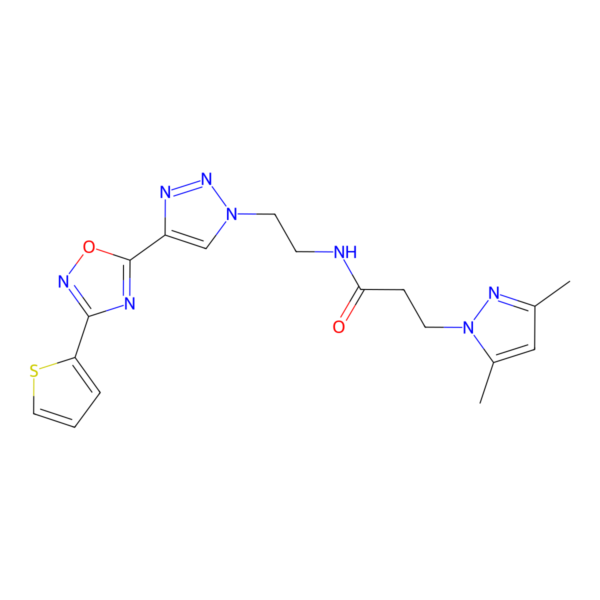 3-(3,5-dimethyl-1H-pyrazol-1-yl)-N-(2-(4-(3-(thiophen-2-yl)-1,2,4-oxadiazol-5-yl)-1H-1,2,3-triazol-1-yl)ethyl)propanamide molecular structure, CAS 2034478-75-4