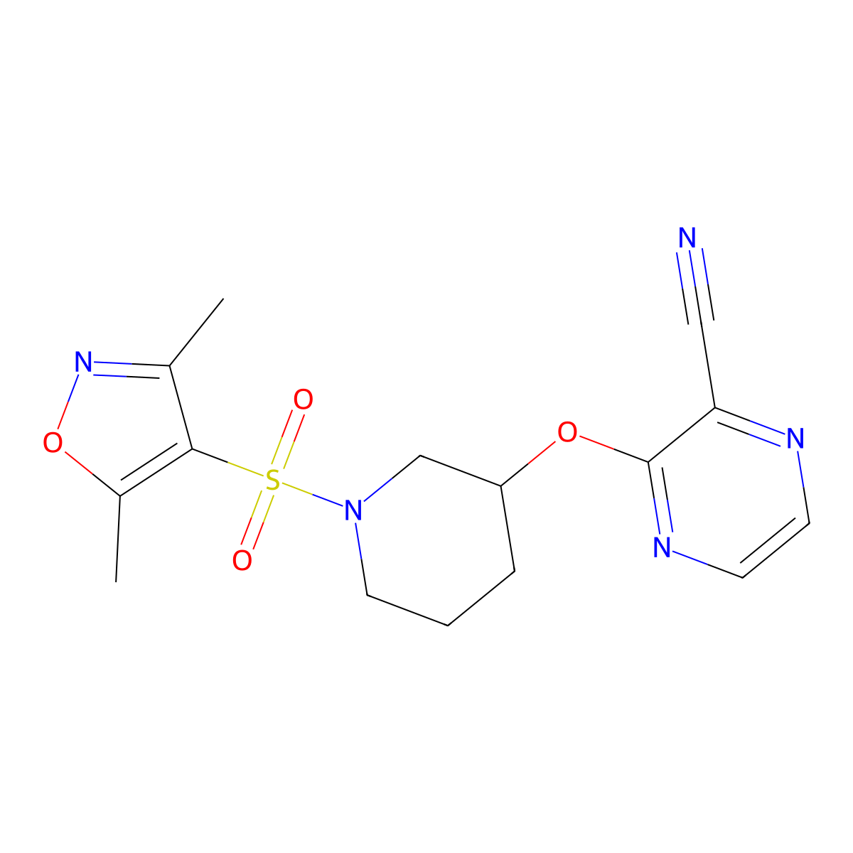 3-((1-((3,5-Dimethylisoxazol-4-yl)sulfonyl)piperidin-3-yl)oxy)pyrazine-2-carbonitrile molecular structure, CAS 2034478-82-3