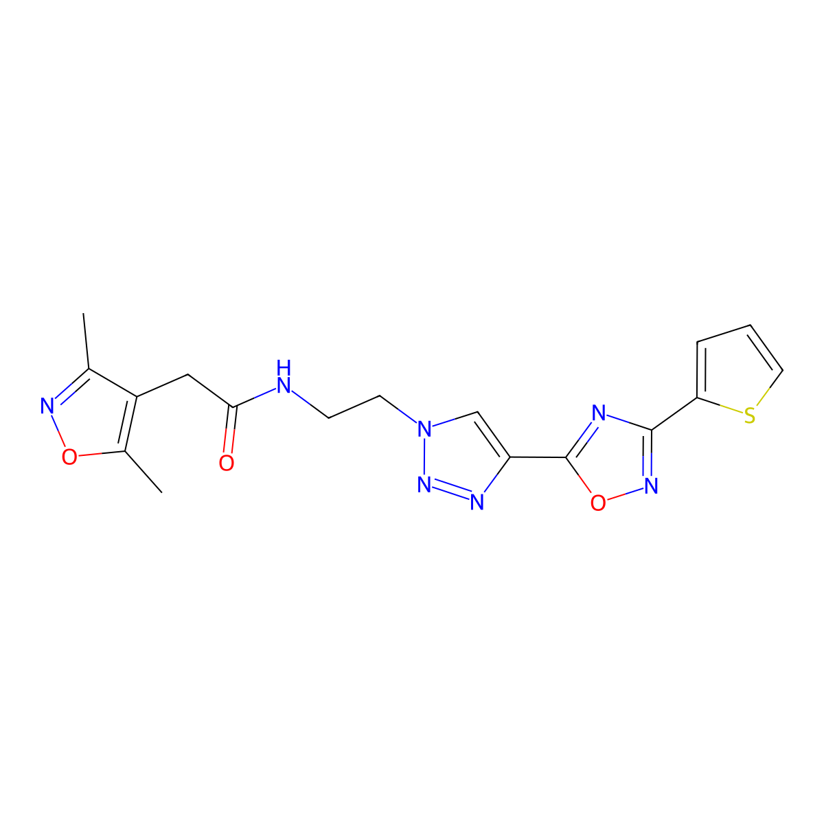 2-(3,5-dimethylisoxazol-4-yl)-N-(2-(4-(3-(thiophen-2-yl)-1,2,4-oxadiazol-5-yl)-1H-1,2,3-triazol-1-yl)ethyl)acetamide molecular structure, CAS 2034478-85-6