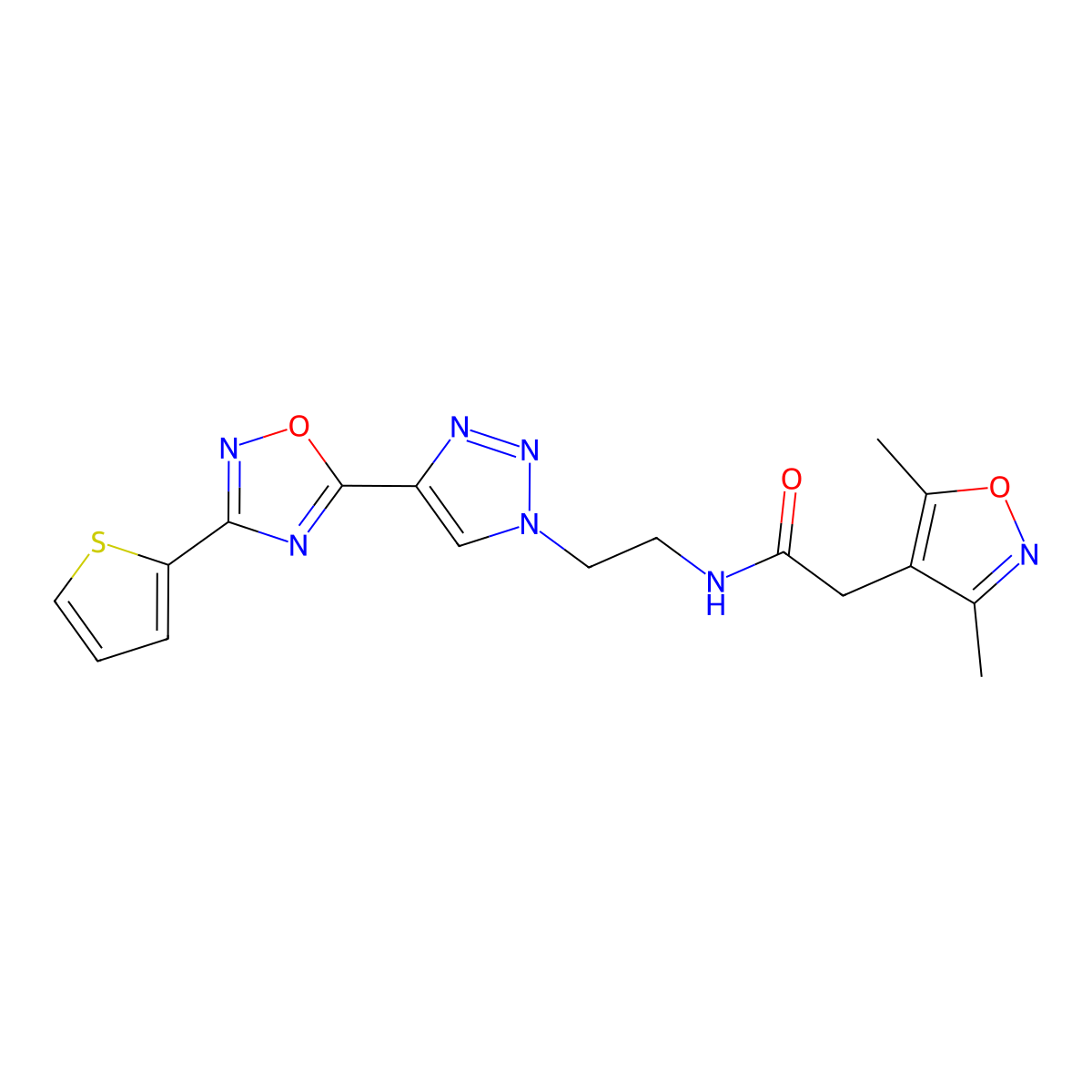 2-(3,5-dimethylisoxazol-4-yl)-N-(2-(4-(3-(thiophen-2-yl)-1,2,4-oxadiazol-5-yl)-1H-1,2,3-triazol-1-yl)ethyl)acetamide molecular structure, CAS 2034478-85-6