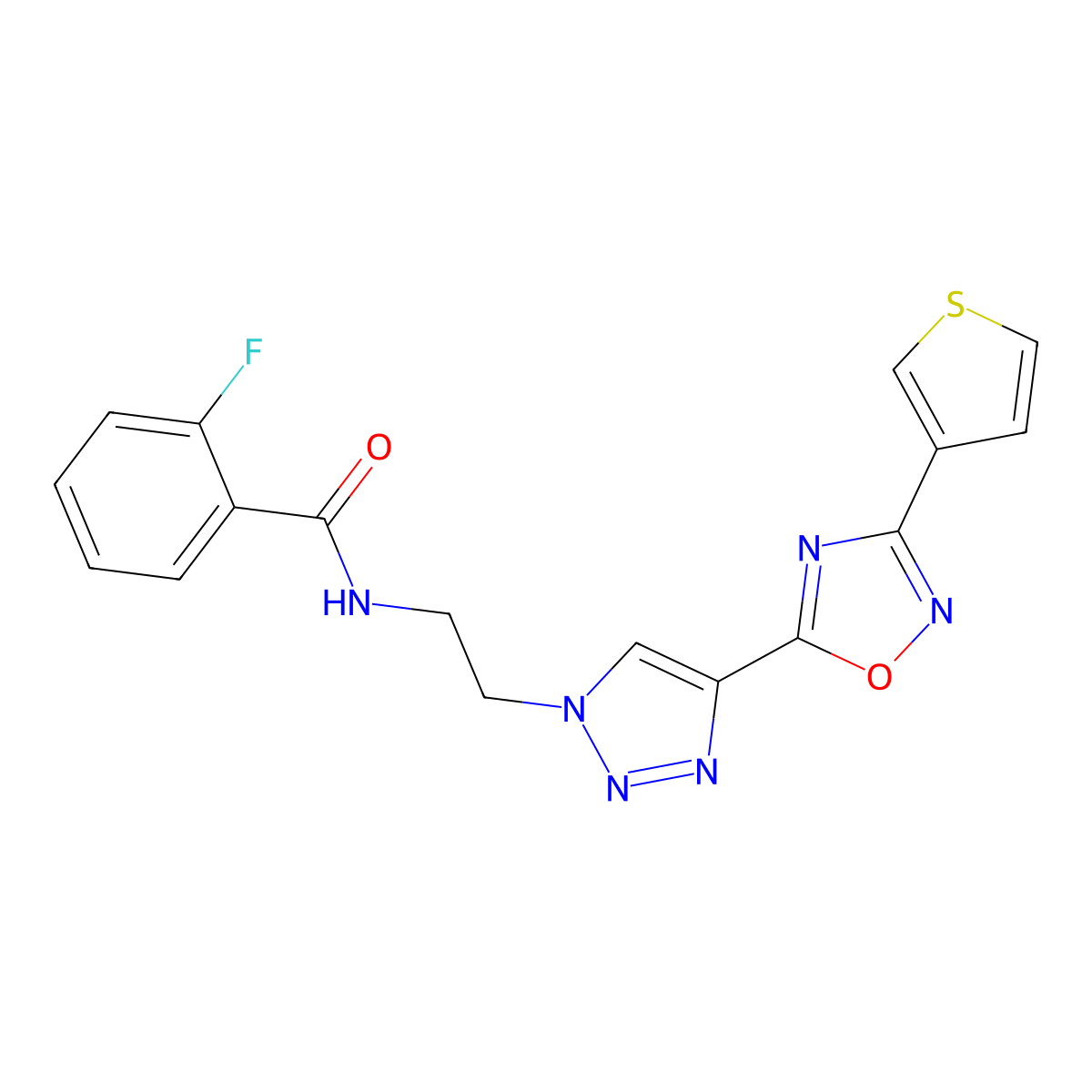 2-fluoro-N-(2-(4-(3-(thiophen-3-yl)-1,2,4-oxadiazol-5-yl)-1H-1,2,3-triazol-1-yl)ethyl)benzamide molecular structure, CAS 2034478-91-4