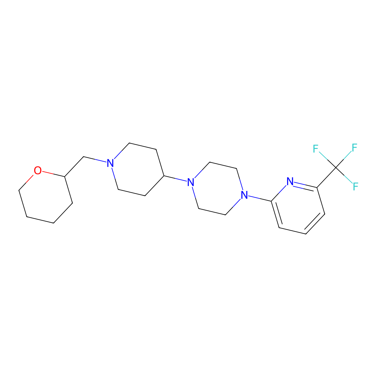 1-(1-((tetrahydro-2H-pyran-2-yl)methyl)piperidin-4-yl)-4-(6-(trifluoromethyl)pyridin-2-yl)piperazine molecular structure, CAS 2034479-16-6