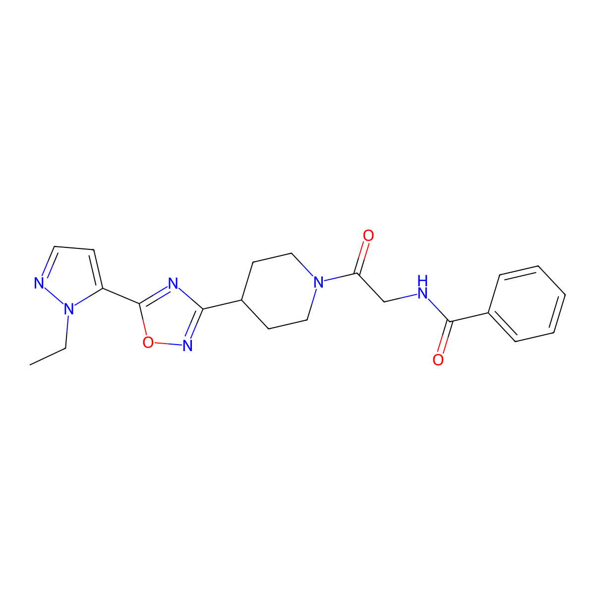 N-(2-(4-(5-(1-ethyl-1H-pyrazol-5-yl)-1,2,4-oxadiazol-3-yl)piperidin-1-yl)-2-oxoethyl)benzamide molecular structure, CAS 2034479-20-2