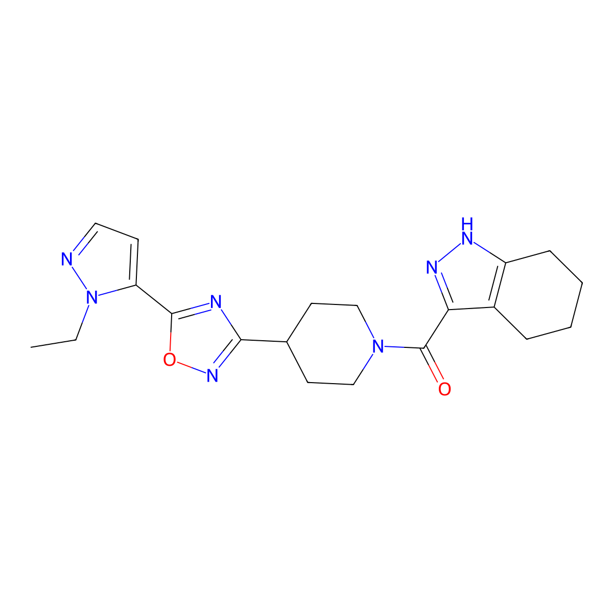 (4-(5-(1-ethyl-1H-pyrazol-5-yl)-1,2,4-oxadiazol-3-yl)piperidin-1-yl)(4,5,6,7-tetrahydro-1H-indazol-3-yl)methanone molecular structure, CAS 2034479-32-6