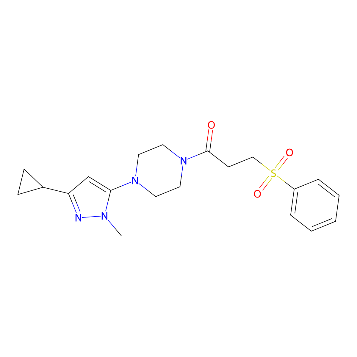 1-(4-(3-cyclopropyl-1-methyl-1H-pyrazol-5-yl)piperazin-1-yl)-3-(phenylsulfonyl)propan-1-one molecular structure, CAS 2034479-39-3