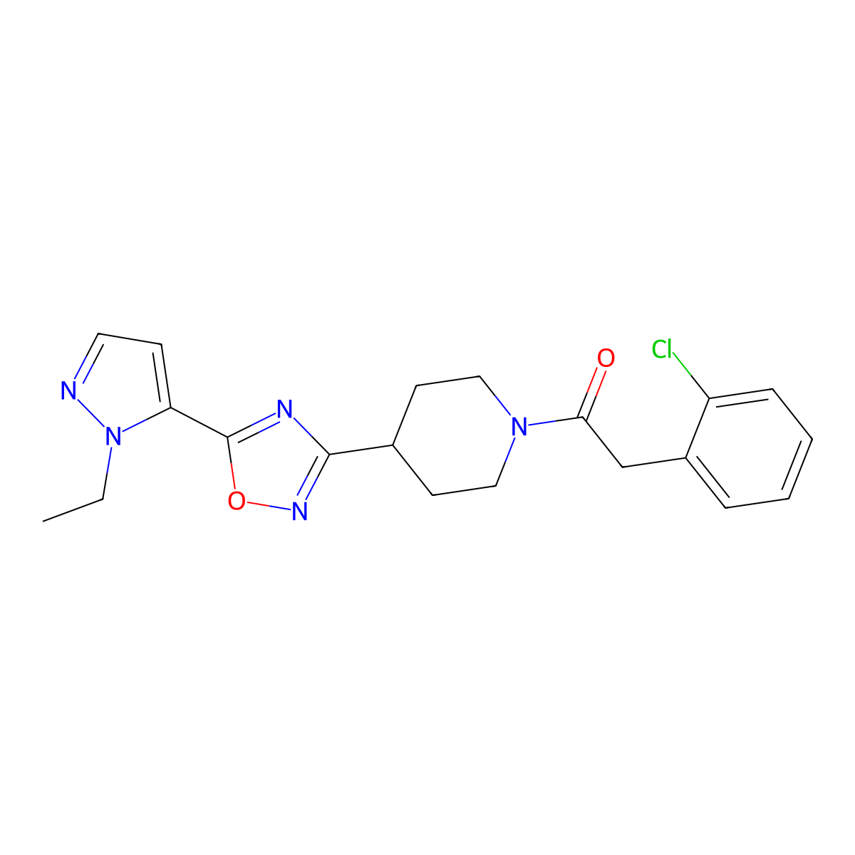 2-(2-chlorophenyl)-1-(4-(5-(1-ethyl-1H-pyrazol-5-yl)-1,2,4-oxadiazol-3-yl)piperidin-1-yl)ethanone molecular structure, CAS 2034479-42-8