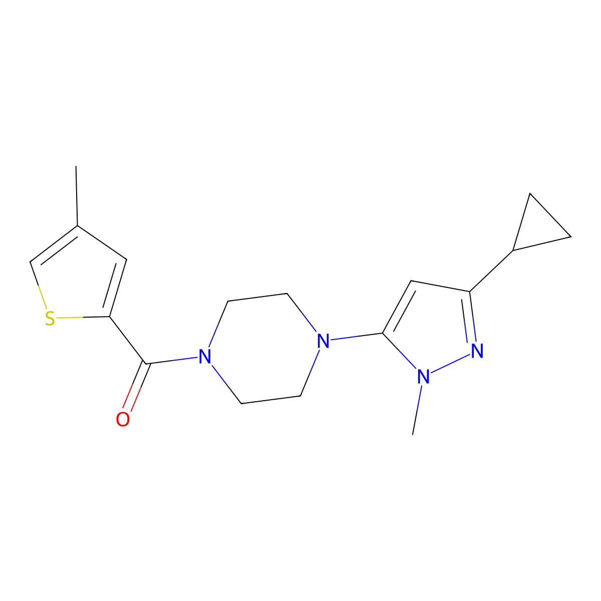 (4-(3-cyclopropyl-1-methyl-1H-pyrazol-5-yl)piperazin-1-yl)(4-methylthiophen-2-yl)methanone molecular structure, CAS 2034479-46-2