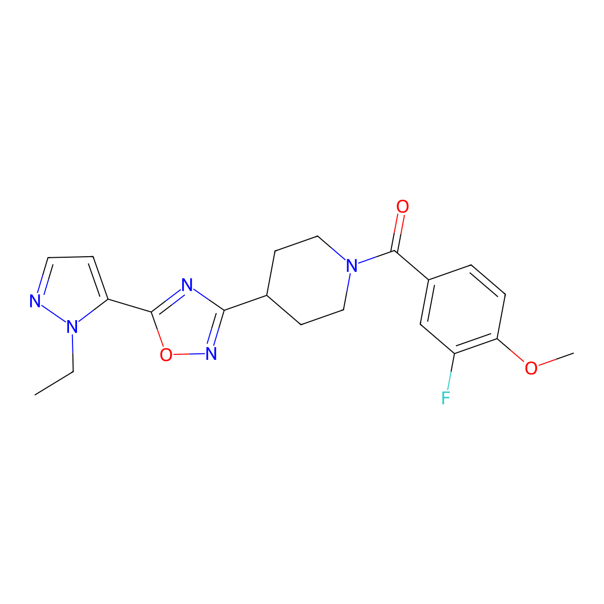 (4-(5-(1-ethyl-1H-pyrazol-5-yl)-1,2,4-oxadiazol-3-yl)piperidin-1-yl)(3-fluoro-4-methoxyphenyl)methanone molecular structure, CAS 2034479-52-0