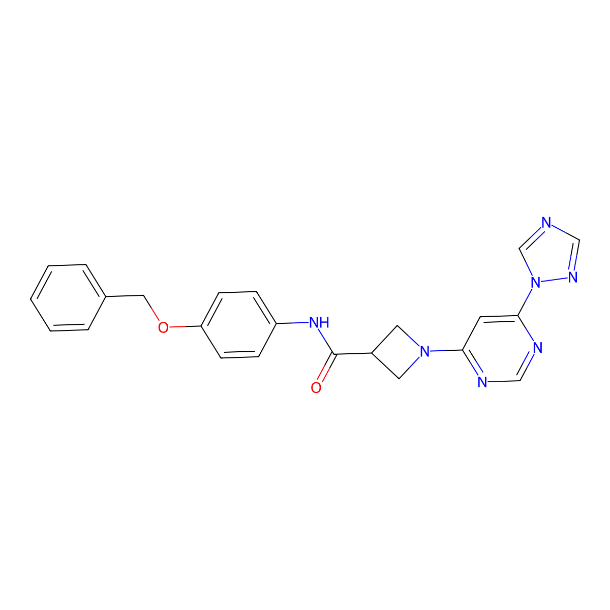 1-(6-(1H-1,2,4-triazol-1-yl)pyrimidin-4-yl)-N-(4-(benzyloxy)phenyl)azetidine-3-carboxamide molecular structure, CAS 2034479-56-4