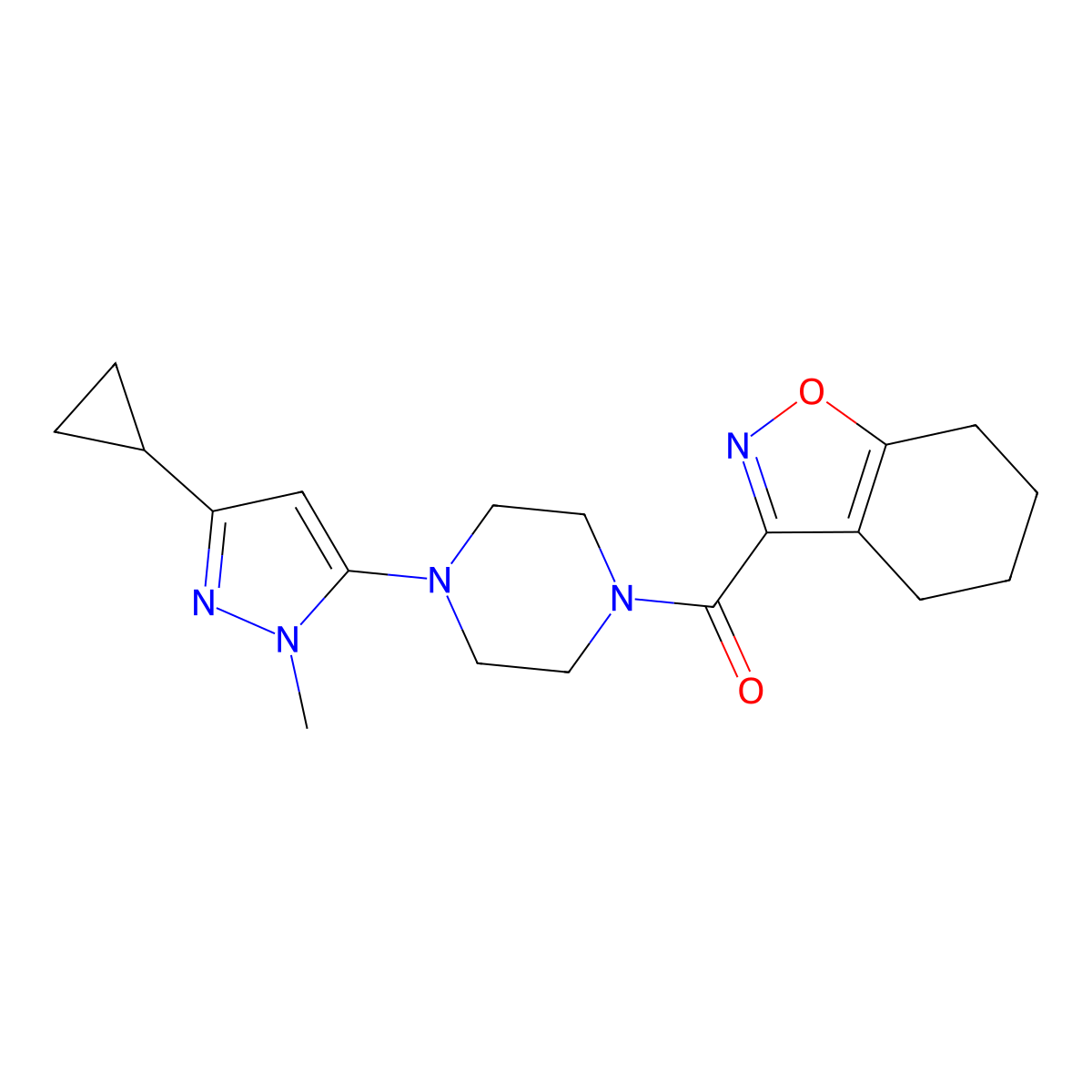 (4-(3-cyclopropyl-1-methyl-1H-pyrazol-5-yl)piperazin-1-yl)(4,5,6,7-tetrahydrobenzo[d]isoxazol-3-yl)methanone molecular structure, CAS 2034479-57-5
