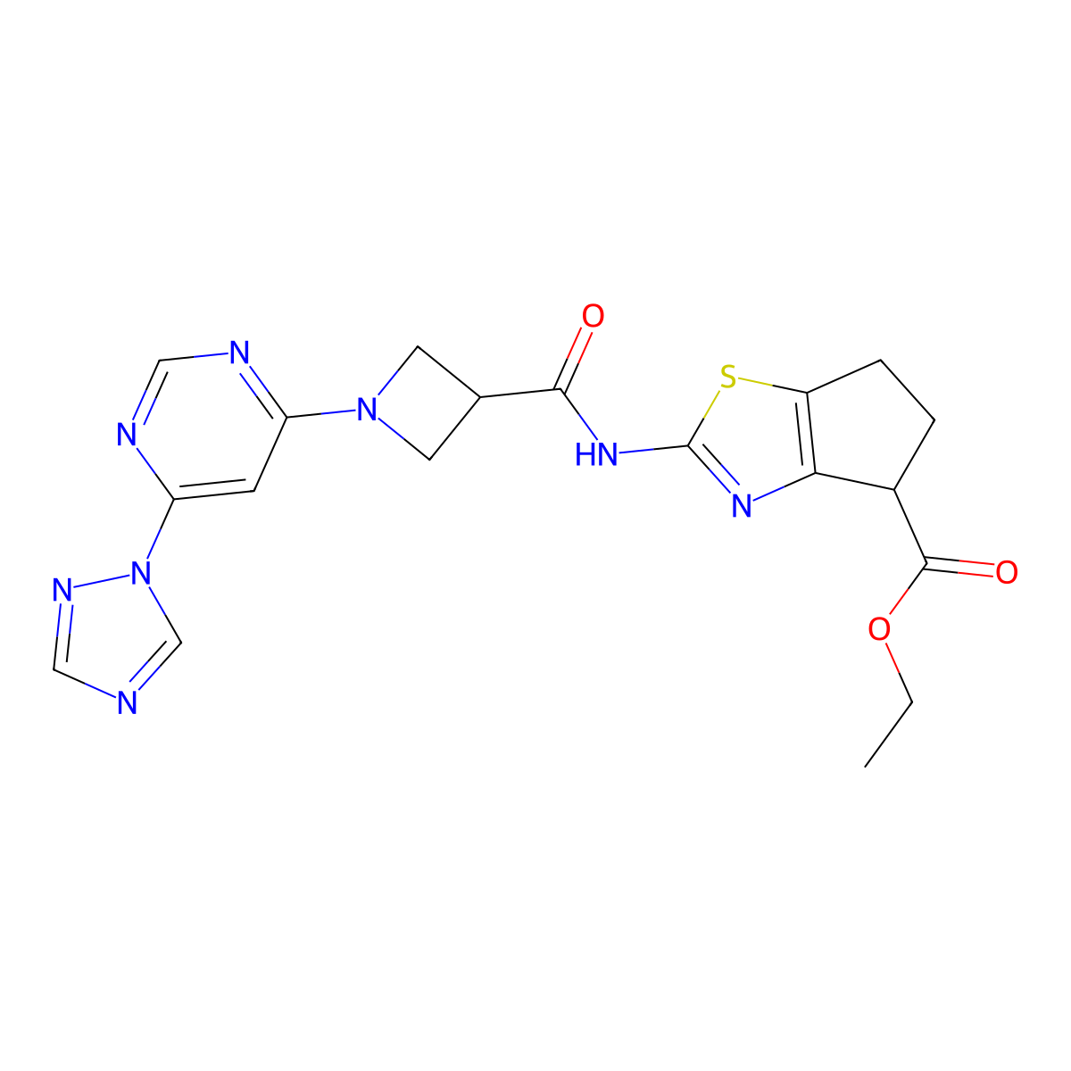 ethyl 2-(1-(6-(1H-1,2,4-triazol-1-yl)pyrimidin-4-yl)azetidine-3-carboxamido)-5,6-dihydro-4H-cyclopenta[d]thiazole-4-carboxylate molecular structure, CAS 2034479-61-1