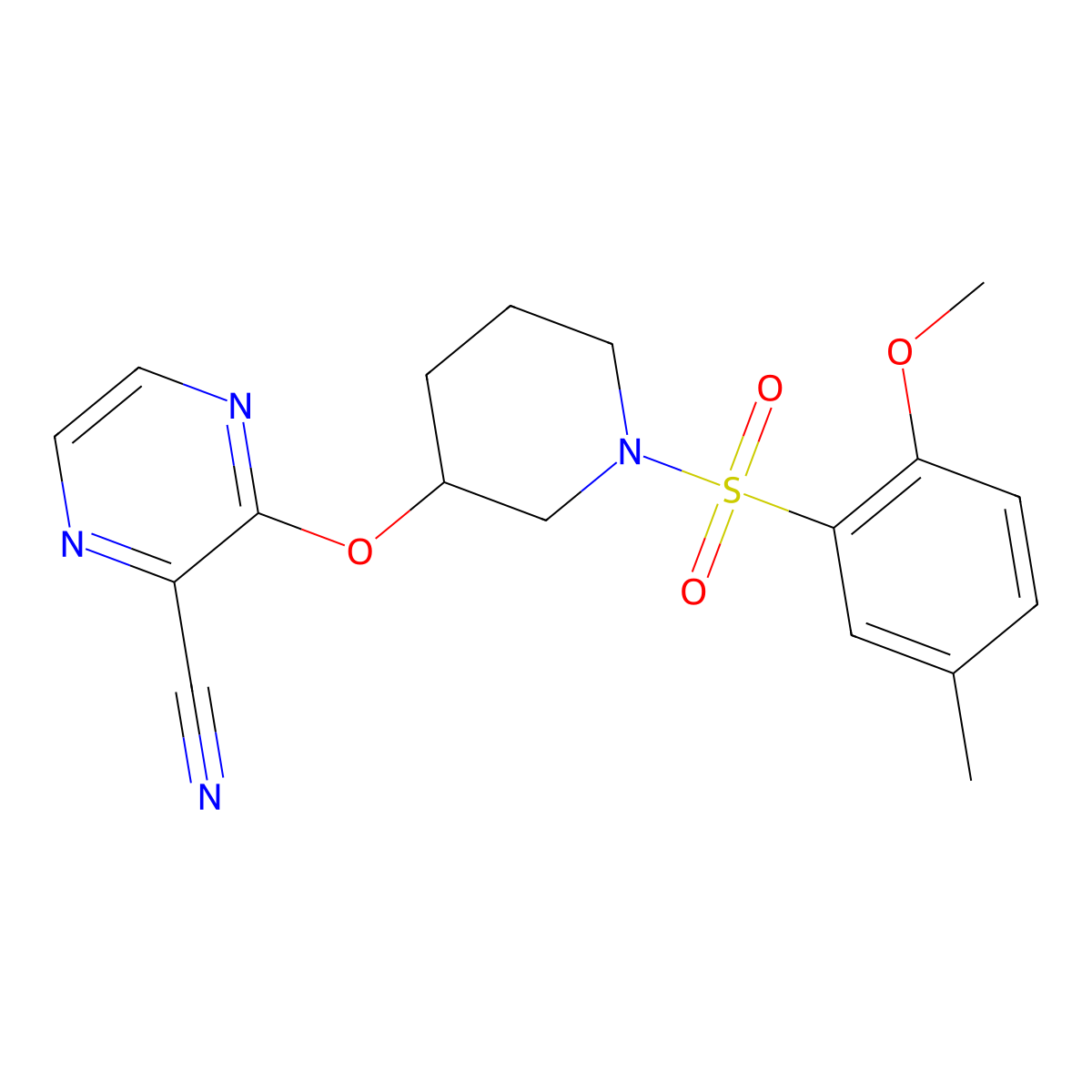 3-((1-((2-Methoxy-5-methylphenyl)sulfonyl)piperidin-3-yl)oxy)pyrazine-2-carbonitrile molecular structure, CAS 2034479-65-5