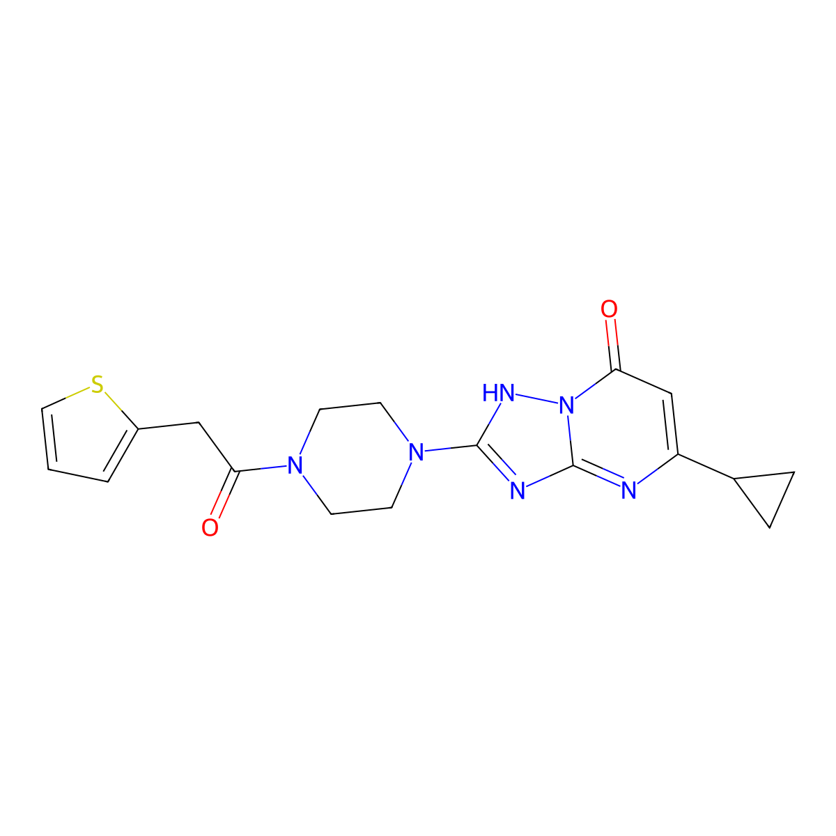 5-cyclopropyl-2-(4-(2-(thiophen-2-yl)acetyl)piperazin-1-yl)-[1,2,4]triazolo[1,5-a]pyrimidin-7(4H)-one molecular structure, CAS 2034479-68-8